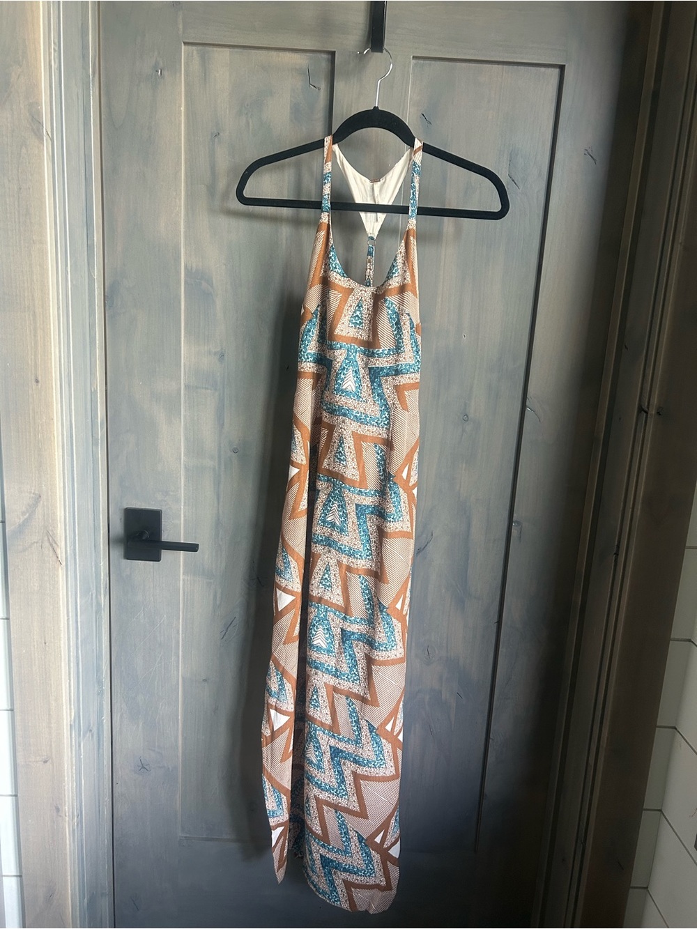 Free People Vintage Style Geometric T-Back Maxi Dress Earthy Boho Blue Brown 2